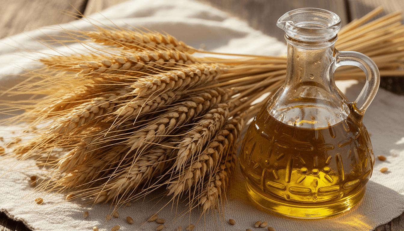 Wheat stalks and golden sunflower oil detail