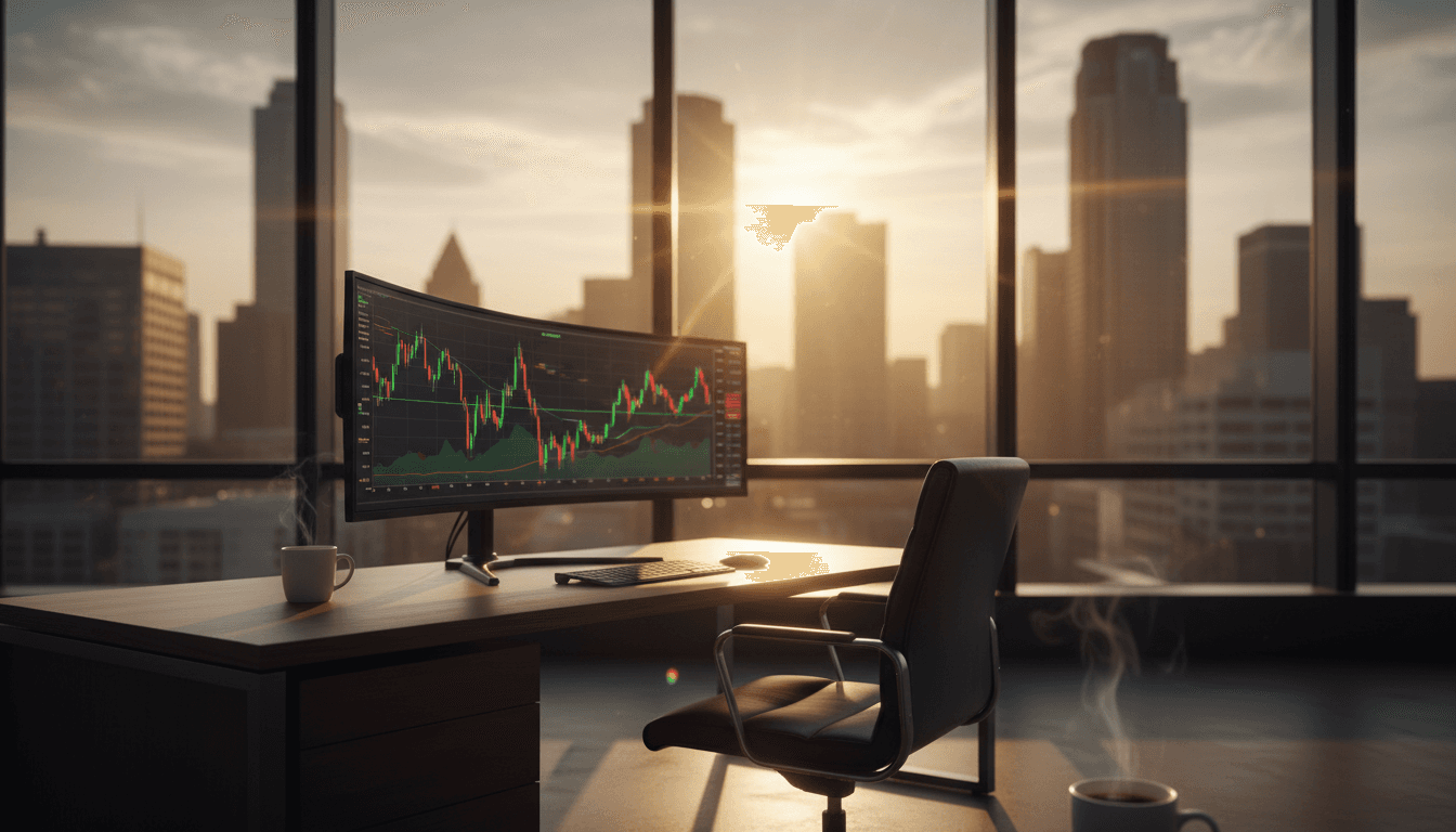 Modern trading desk with commodity charts at sunrise